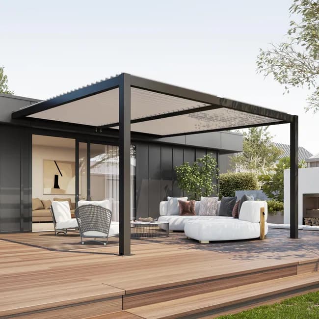 Pergola bioclimatique adossée 4 x 3 m à lames orientables, aluminium gris anthracite
