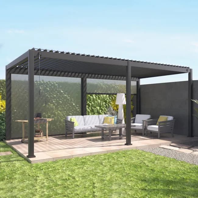 Pergola bioclimatique Triomphe 6 x 3 m, aluminium gris anthracite, avec 2 stores de 3 m
